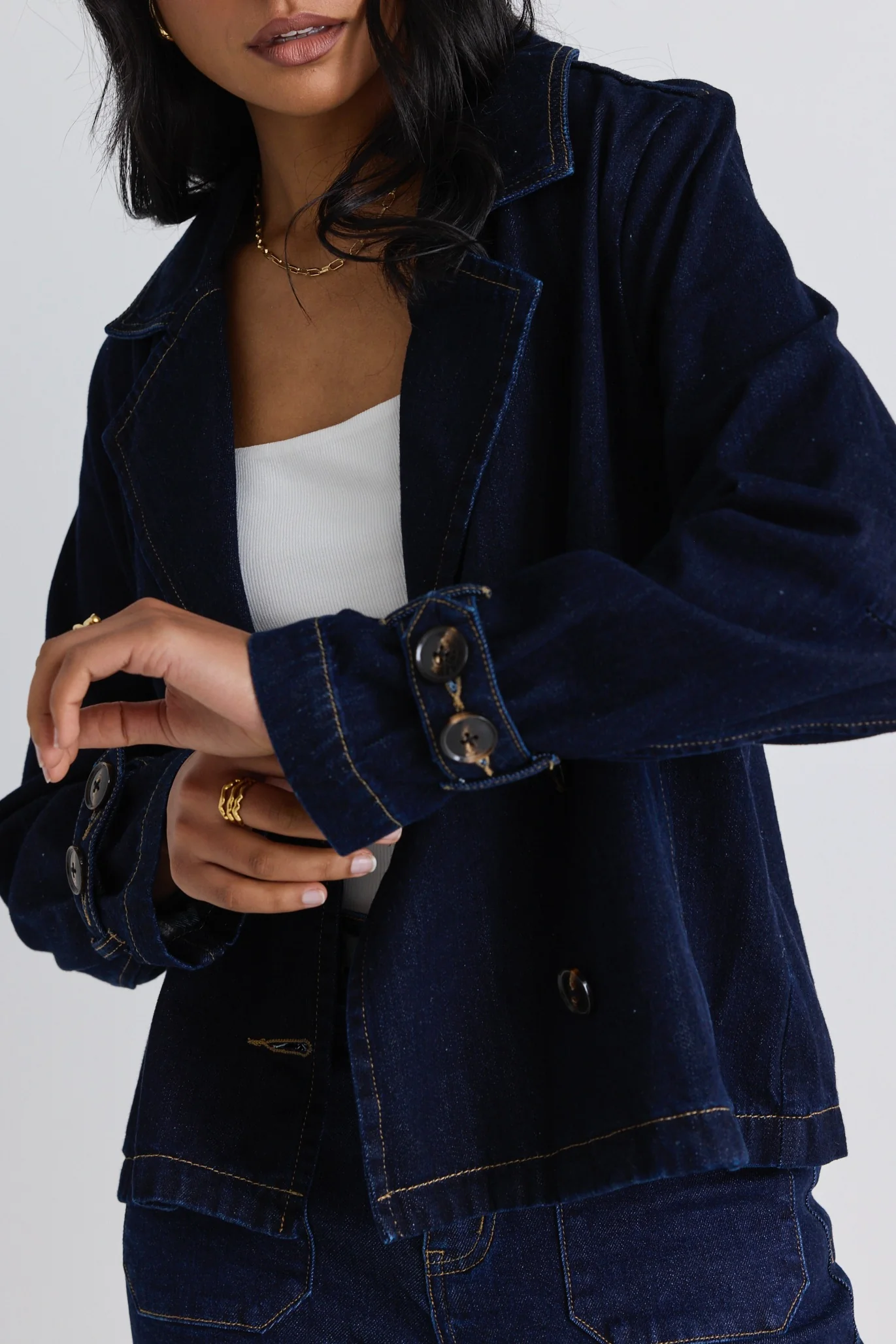 Western Indigo Cropped Denim Trench Coat - Image 2