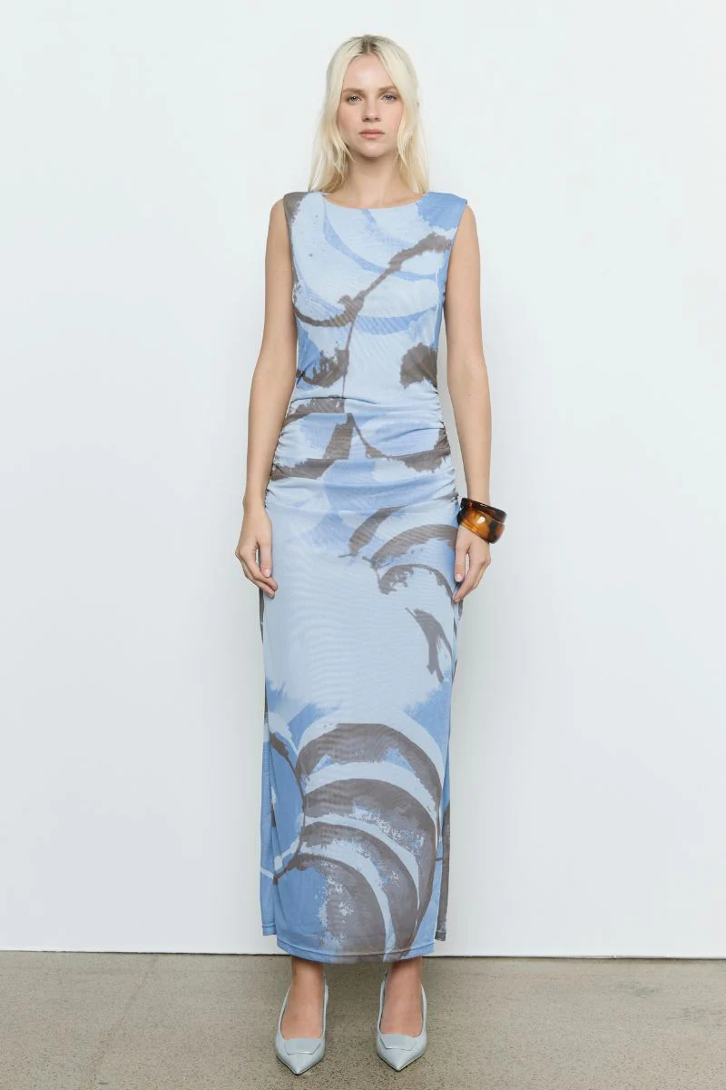 Whirl Slate Mesh Print Sleeveless Maxi Dress