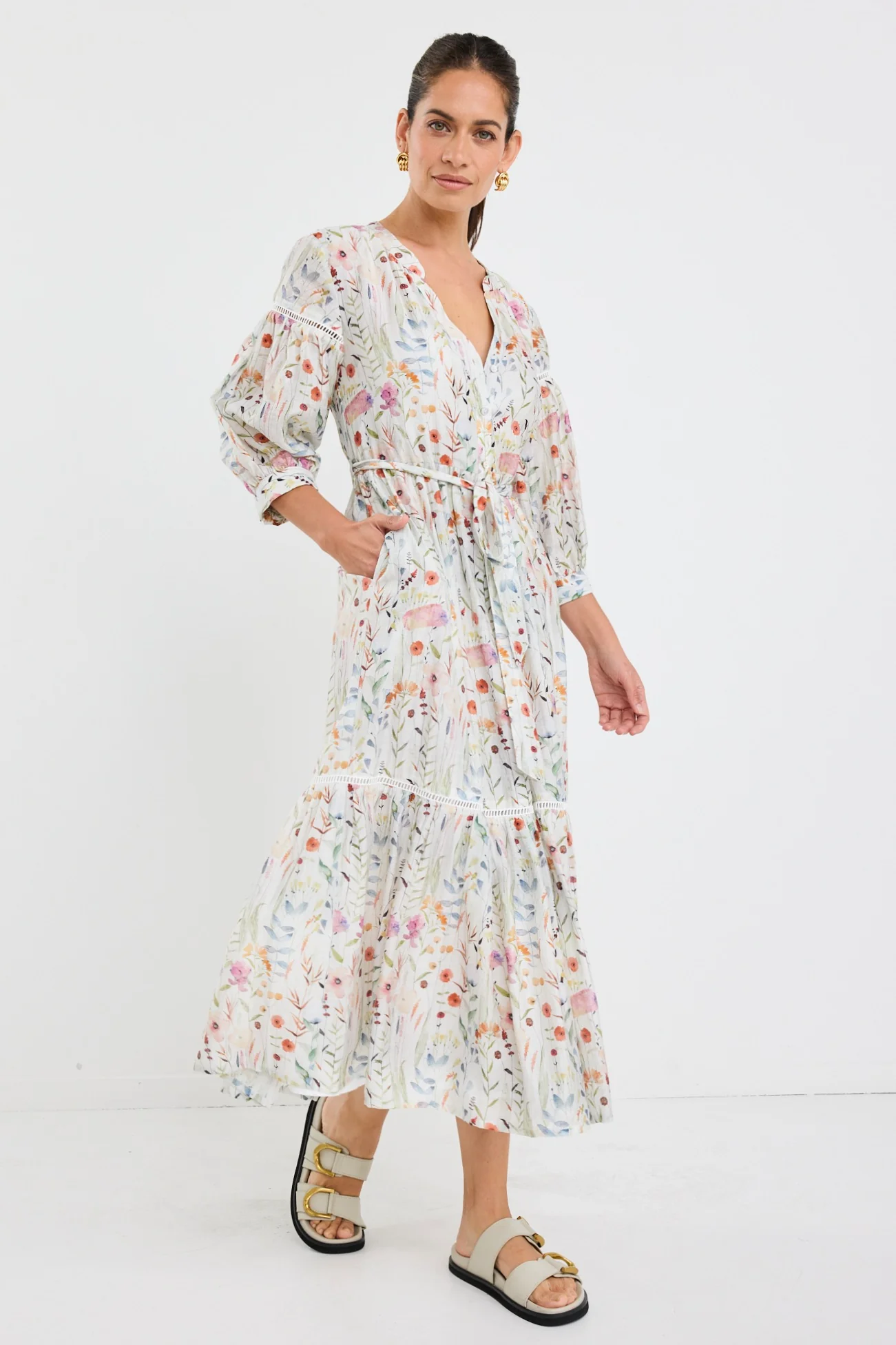 Wisdom Cream Floral Balloon Sleeve Midi Shirt Dress - Image 2