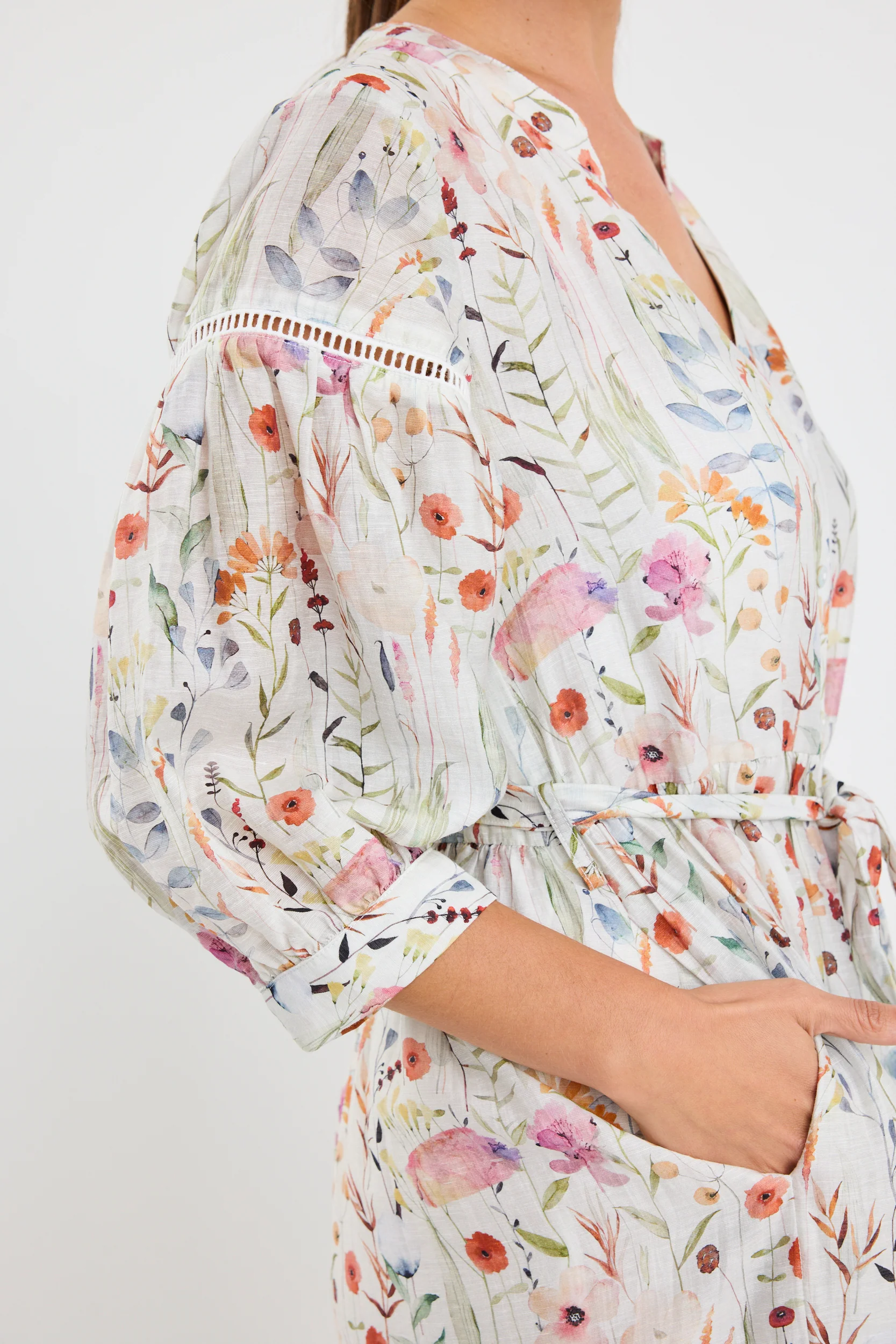 Wisdom Cream Floral Balloon Sleeve Midi Shirt Dress - Image 3