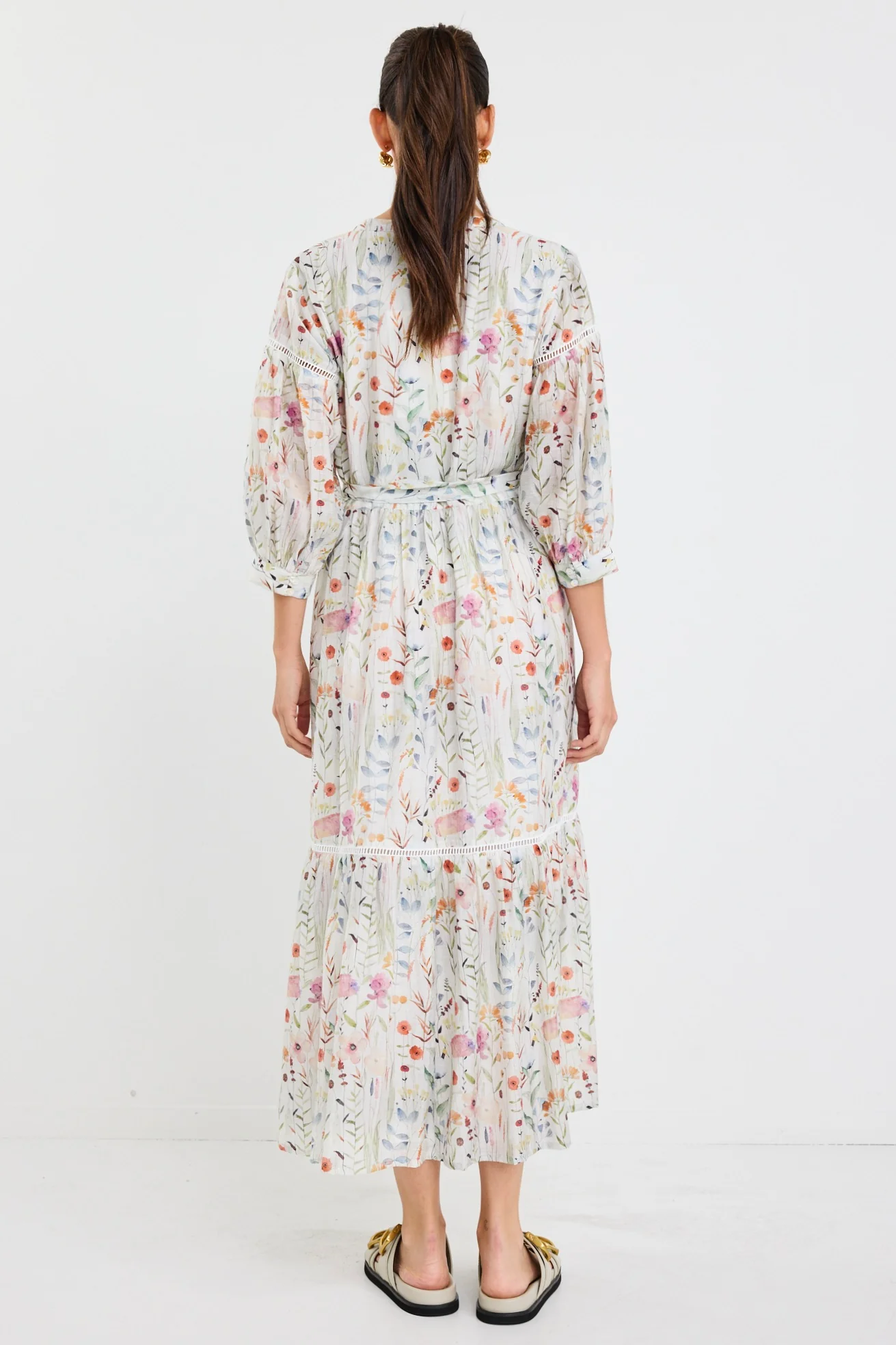 Wisdom Cream Floral Balloon Sleeve Midi Shirt Dress - Image 4