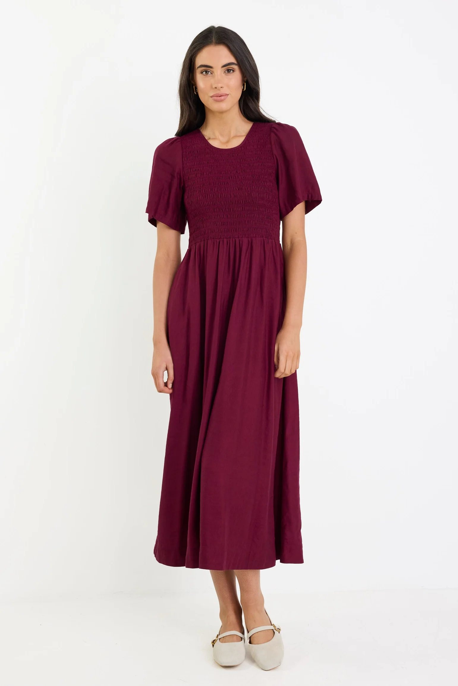 Wren Burgundy Plum SS Shirred Bodice Midi Dress