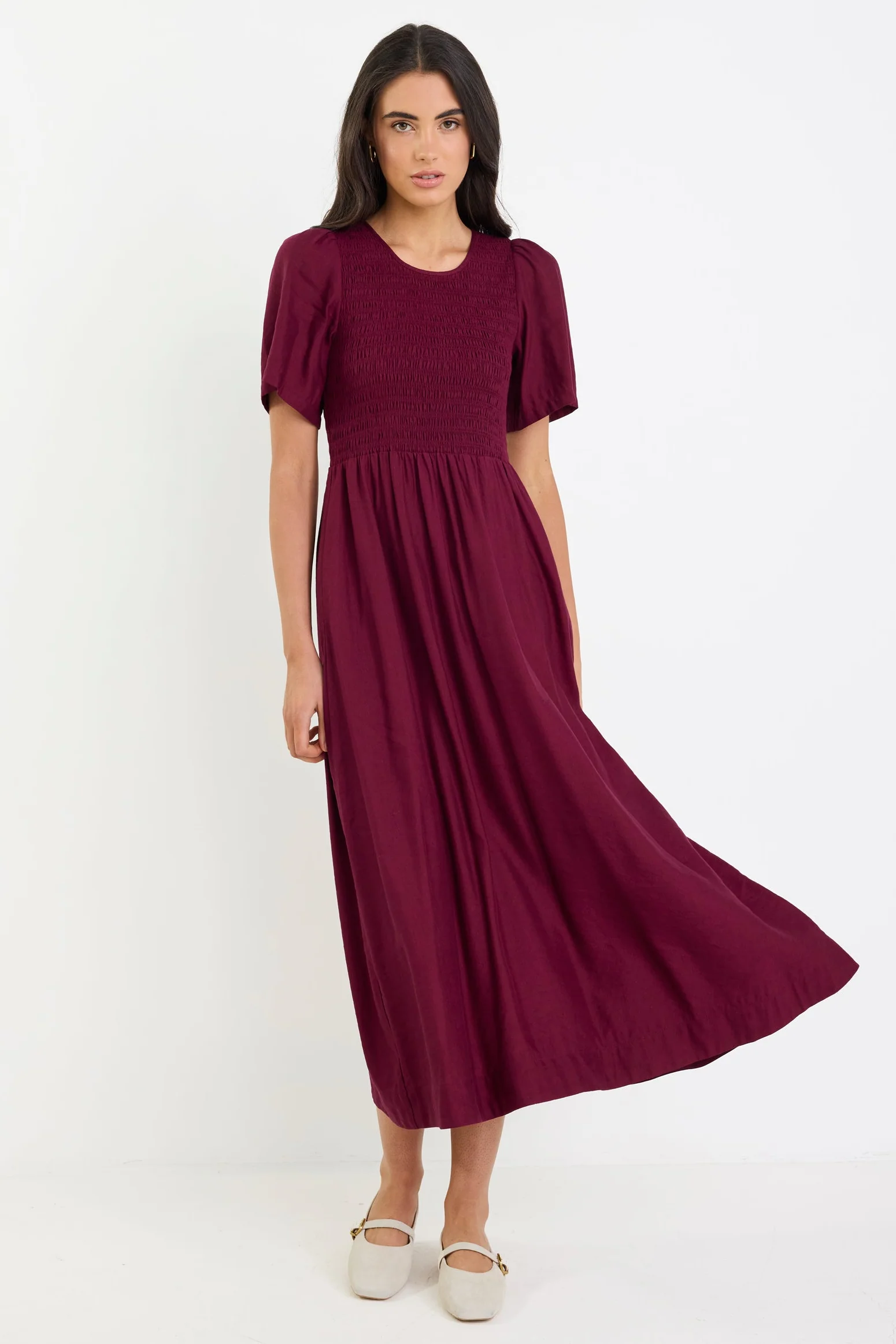 Wren Burgundy Plum SS Shirred Bodice Midi Dress - Image 2