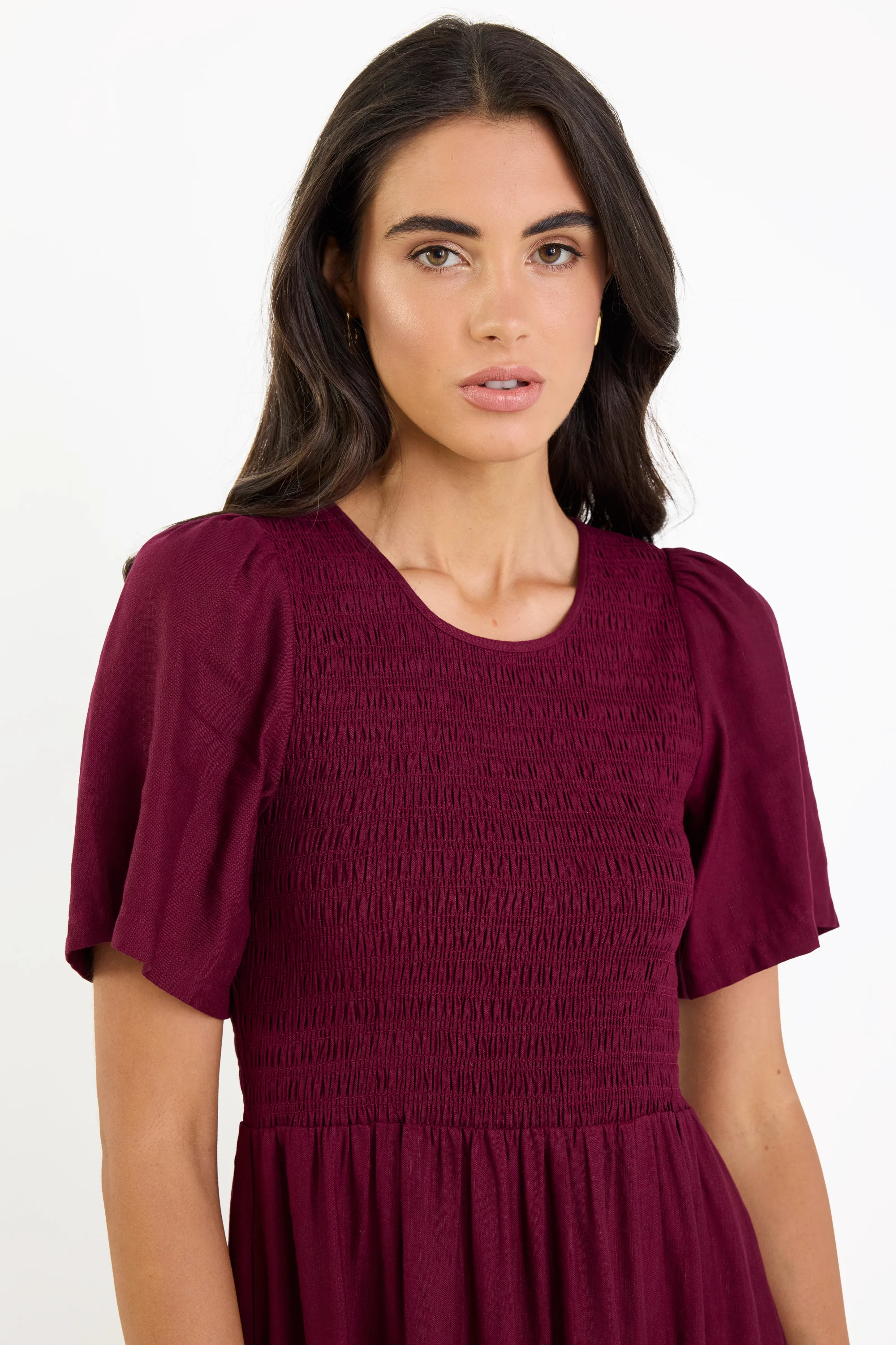 Wren Burgundy Plum SS Shirred Bodice Midi Dress - Image 3