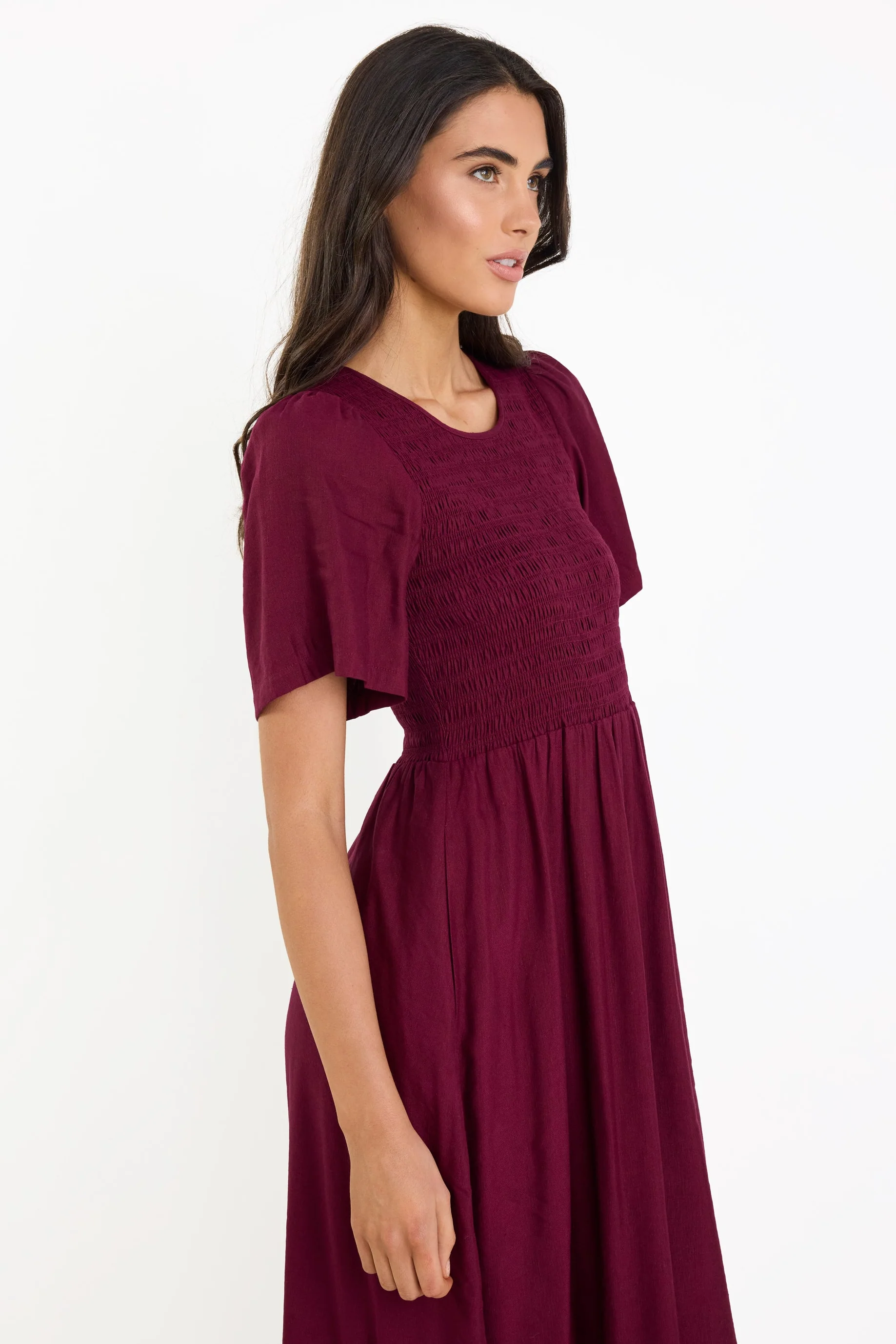 Wren Burgundy Plum SS Shirred Bodice Midi Dress - Image 4