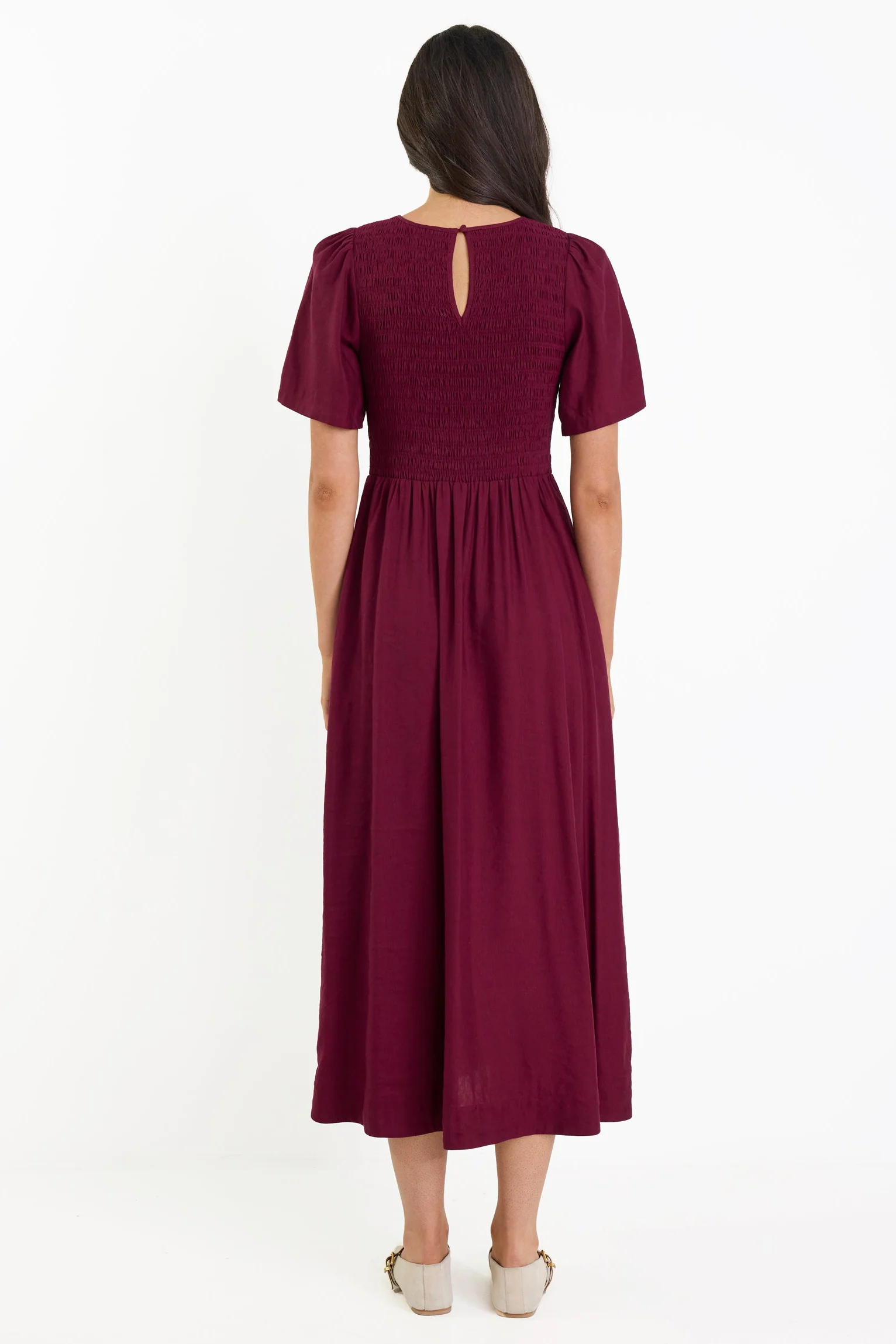 Wren Burgundy Plum SS Shirred Bodice Midi Dress - Image 5