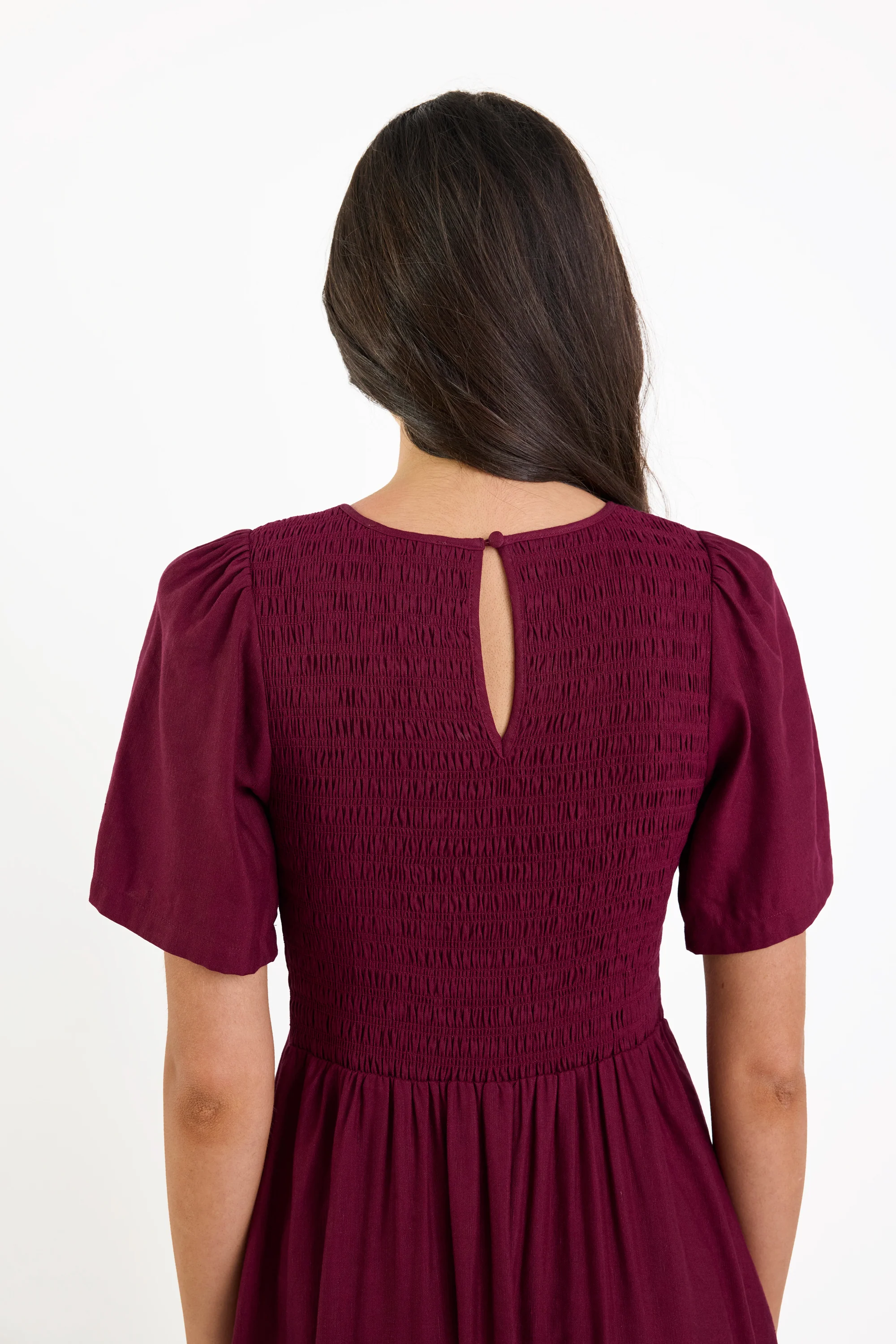 Wren Burgundy Plum SS Shirred Bodice Midi Dress - Image 6