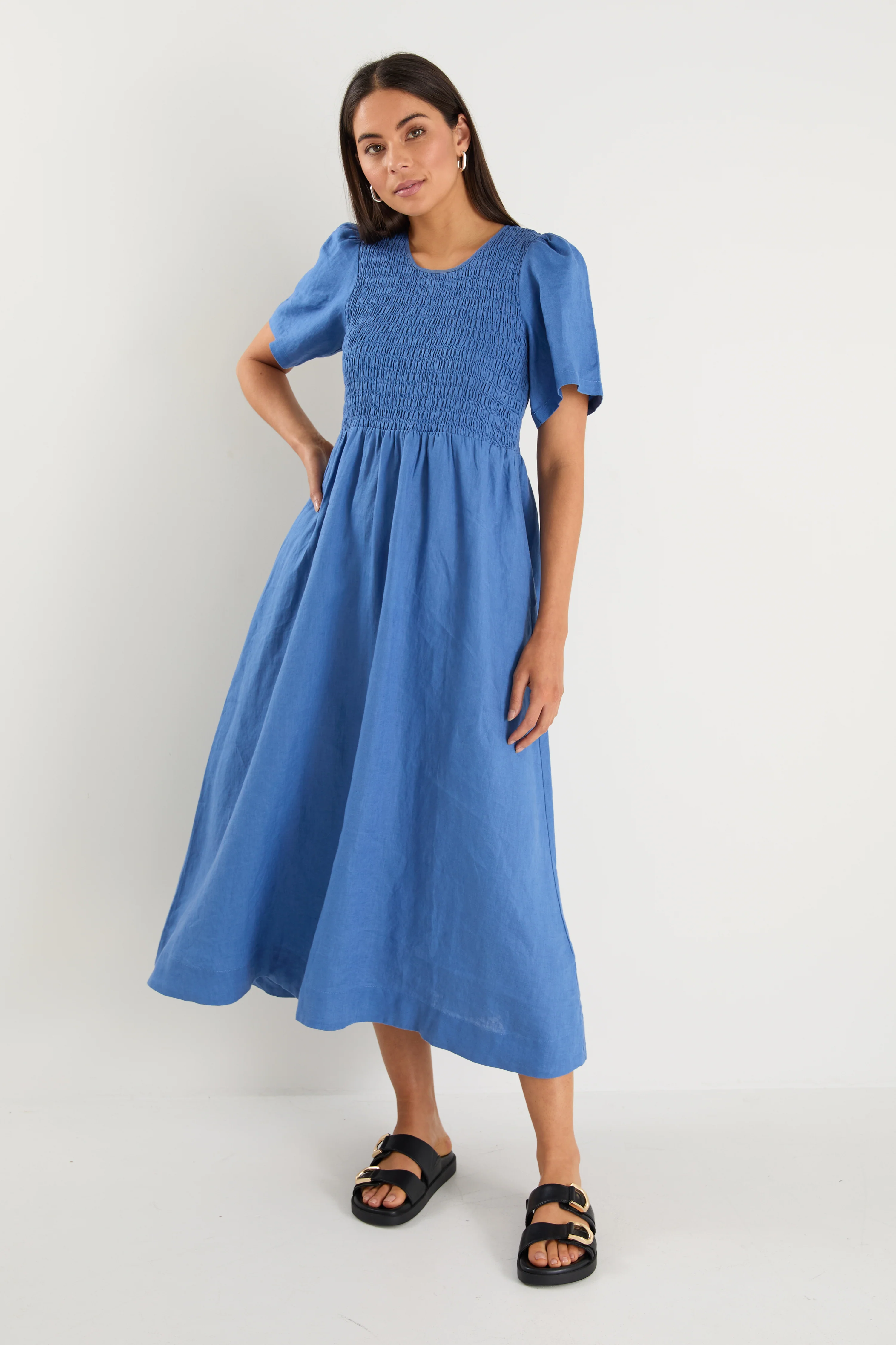 Wren Cornflower Blue Linen SS Shirred Bodice Midi Dress - Image 2