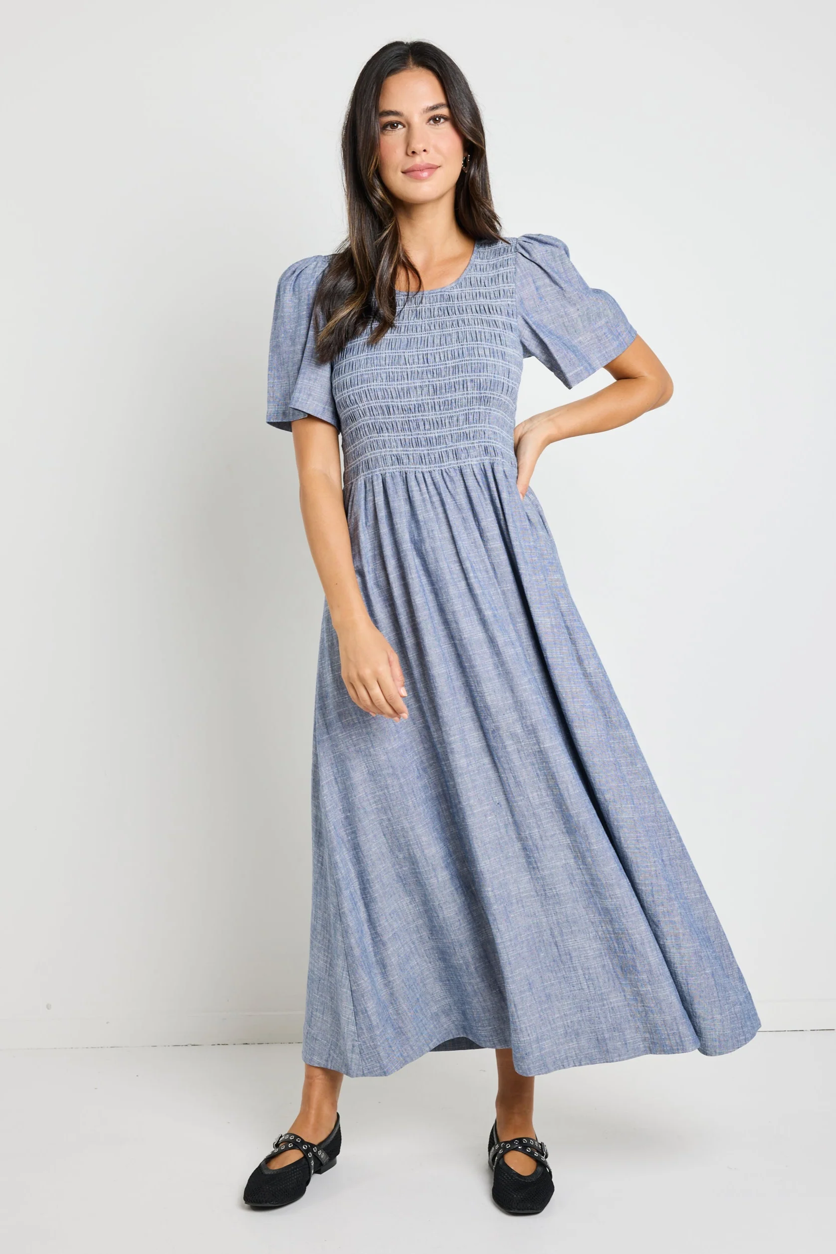 Wren Chambray Blue SS Shirred Bodice Midi Dress - Image 2
