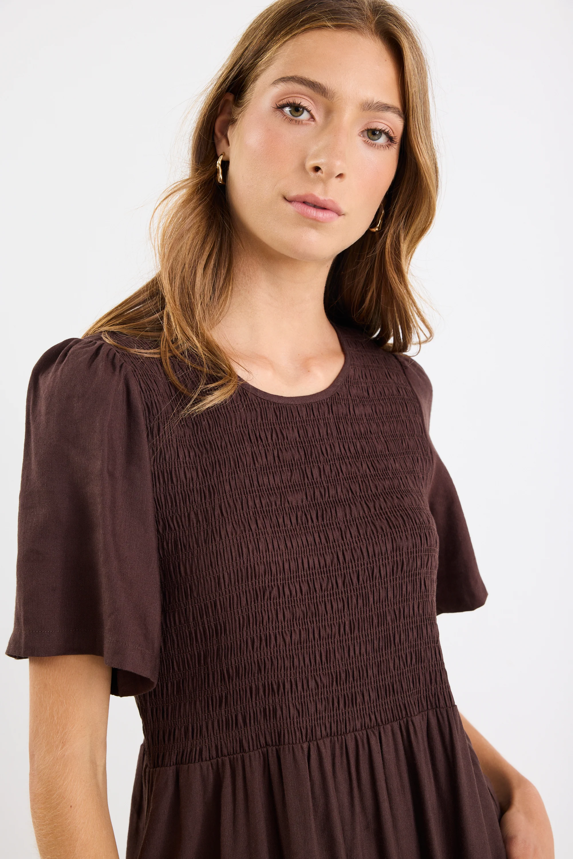 Wren Chocolate Linen Blend SS Shirred Bodice Midi Dress - Image 4
