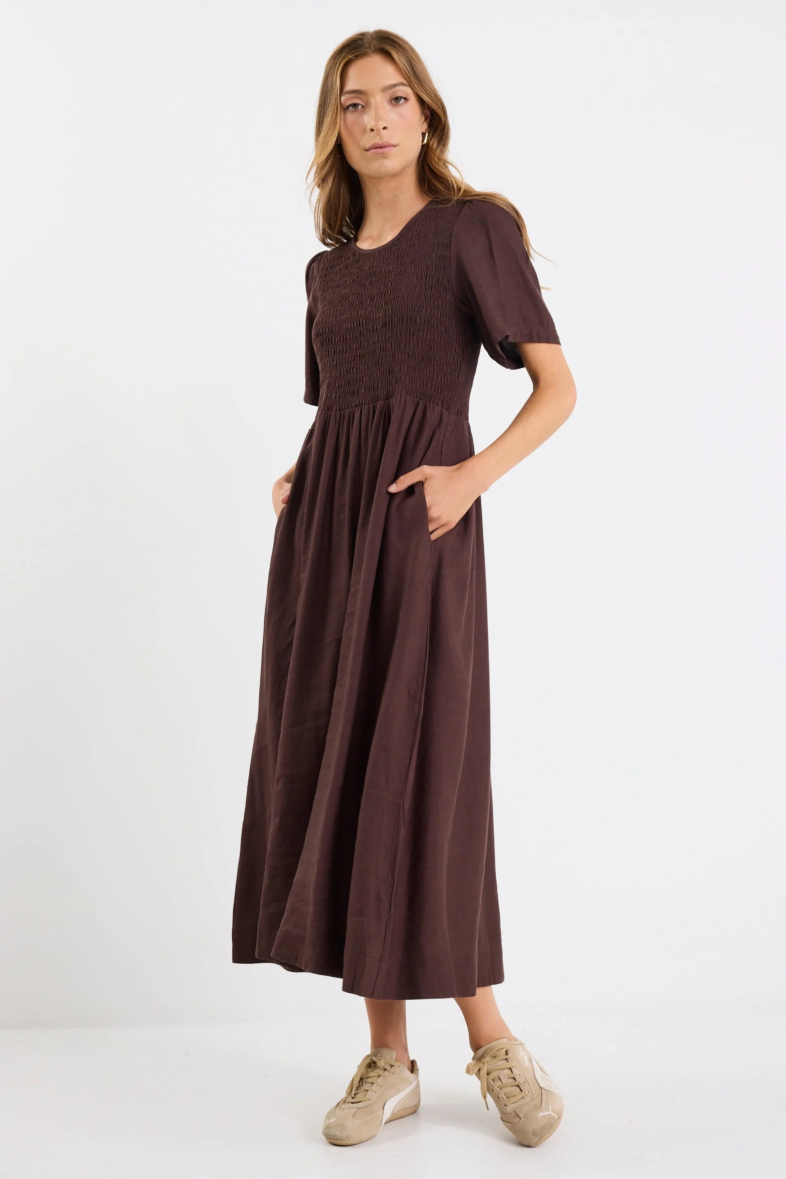 Wren Chocolate Linen Blend SS Shirred Bodice Midi Dress - Image 5