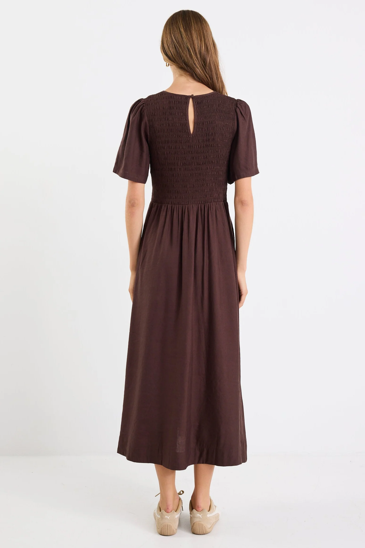 Wren Chocolate Linen Blend SS Shirred Bodice Midi Dress - Image 7