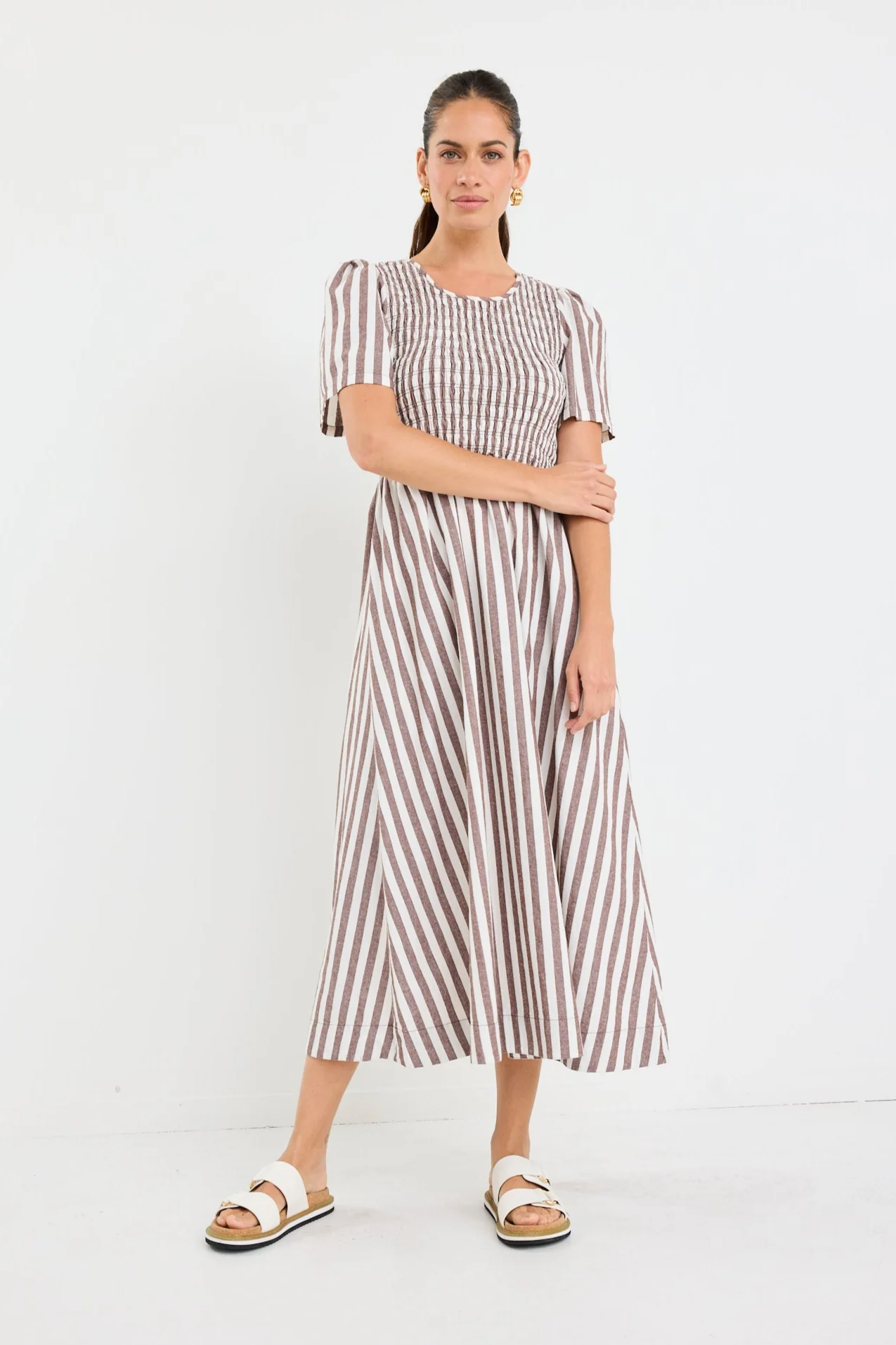 Wren Chocolate Stripe Cotton SS Shirred Bodice Midi Dress - Image 3