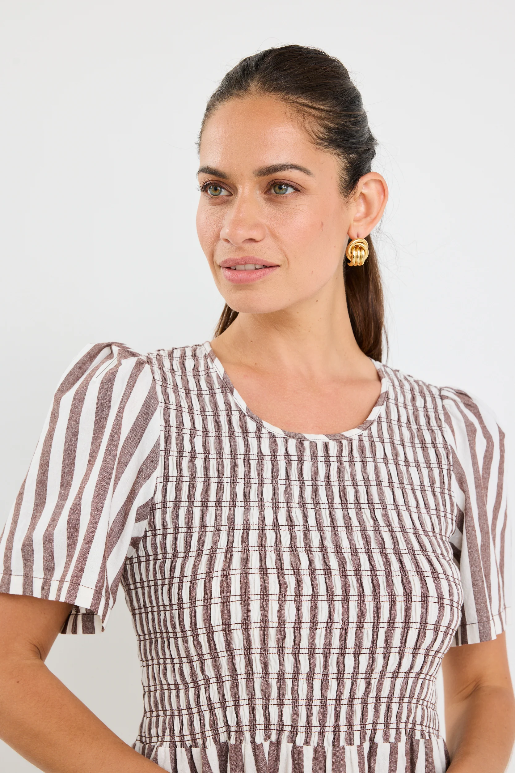 Wren Chocolate Stripe Cotton SS Shirred Bodice Midi Dress - Image 4