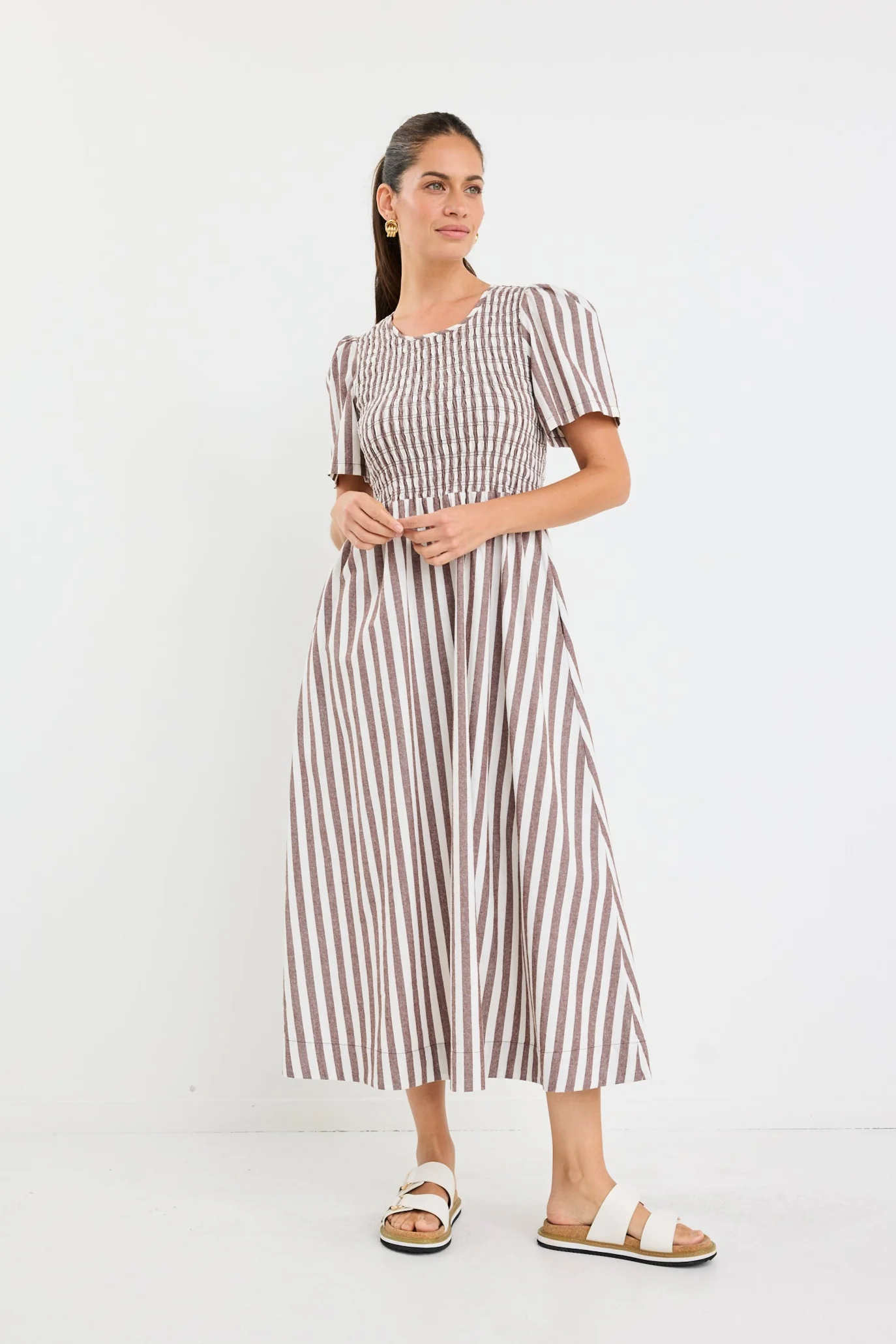 Wren Chocolate Stripe Cotton SS Shirred Bodice Midi Dress - Image 5