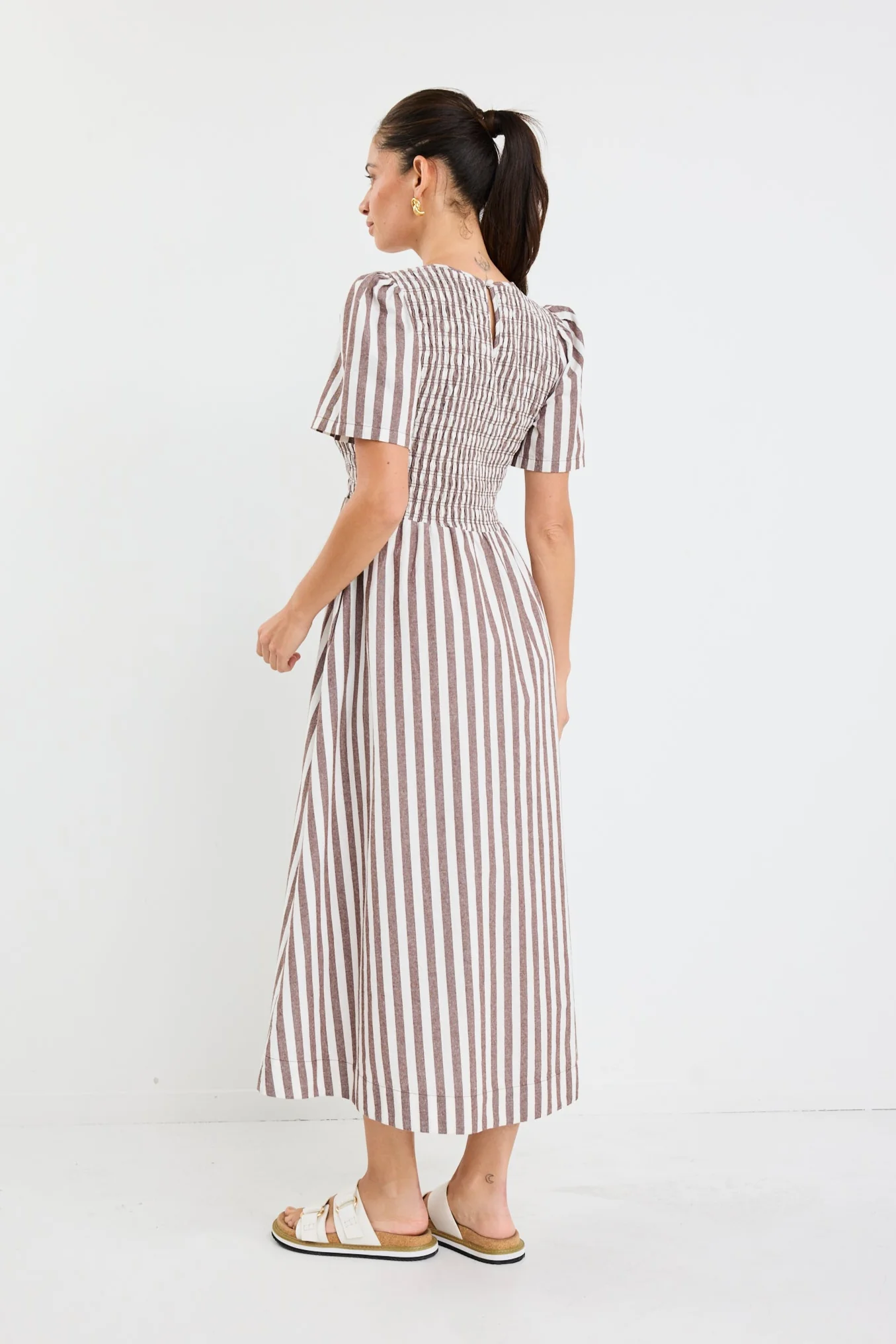 Wren Chocolate Stripe Cotton SS Shirred Bodice Midi Dress - Image 6