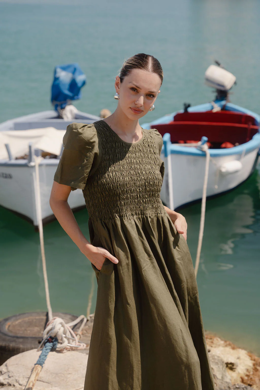 Wren Khaki Linen Blend SS Shirred Bodice Midi Dress - Image 2