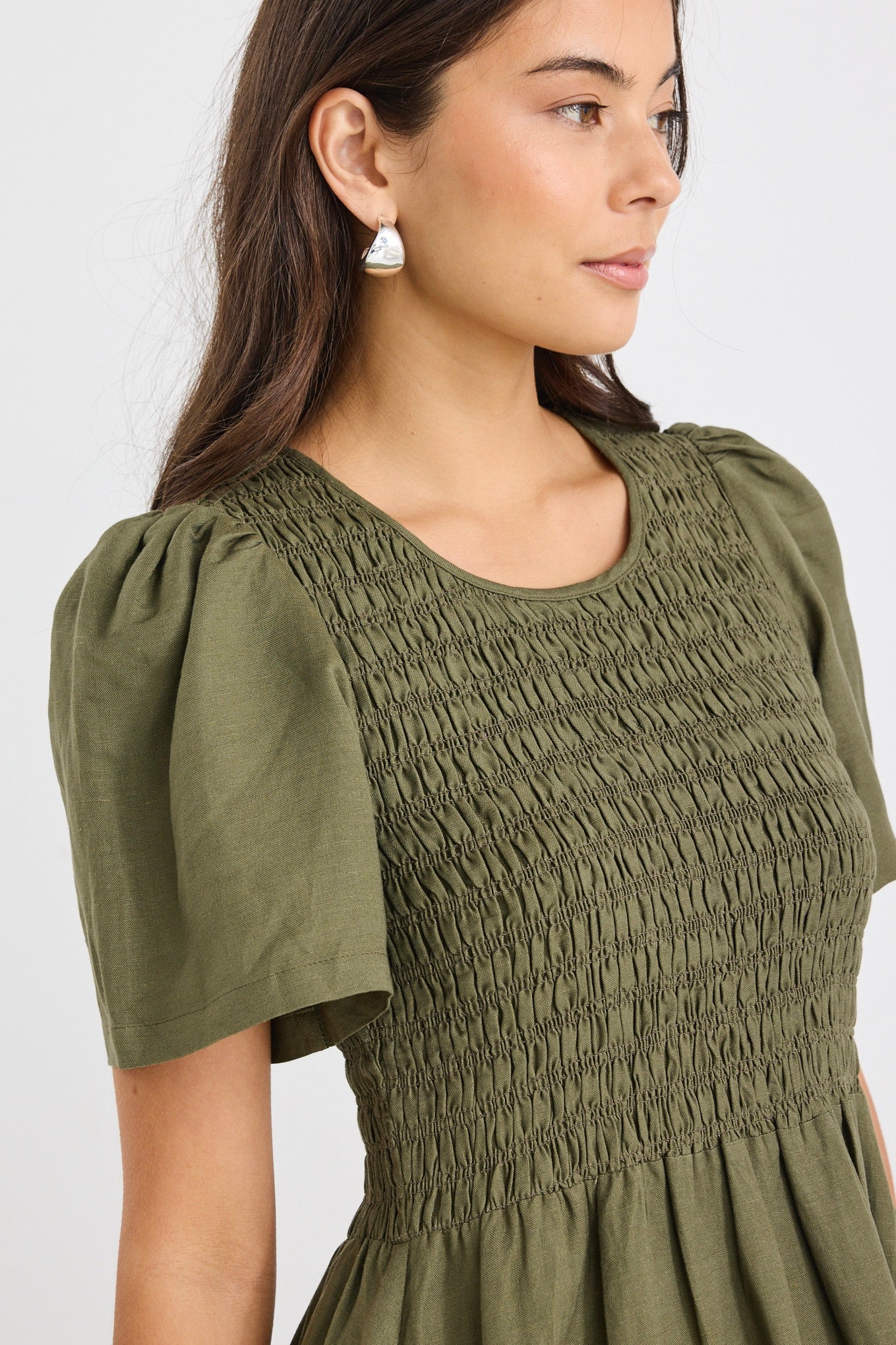 Wren Khaki Linen Blend SS Shirred Bodice Midi Dress - Image 3