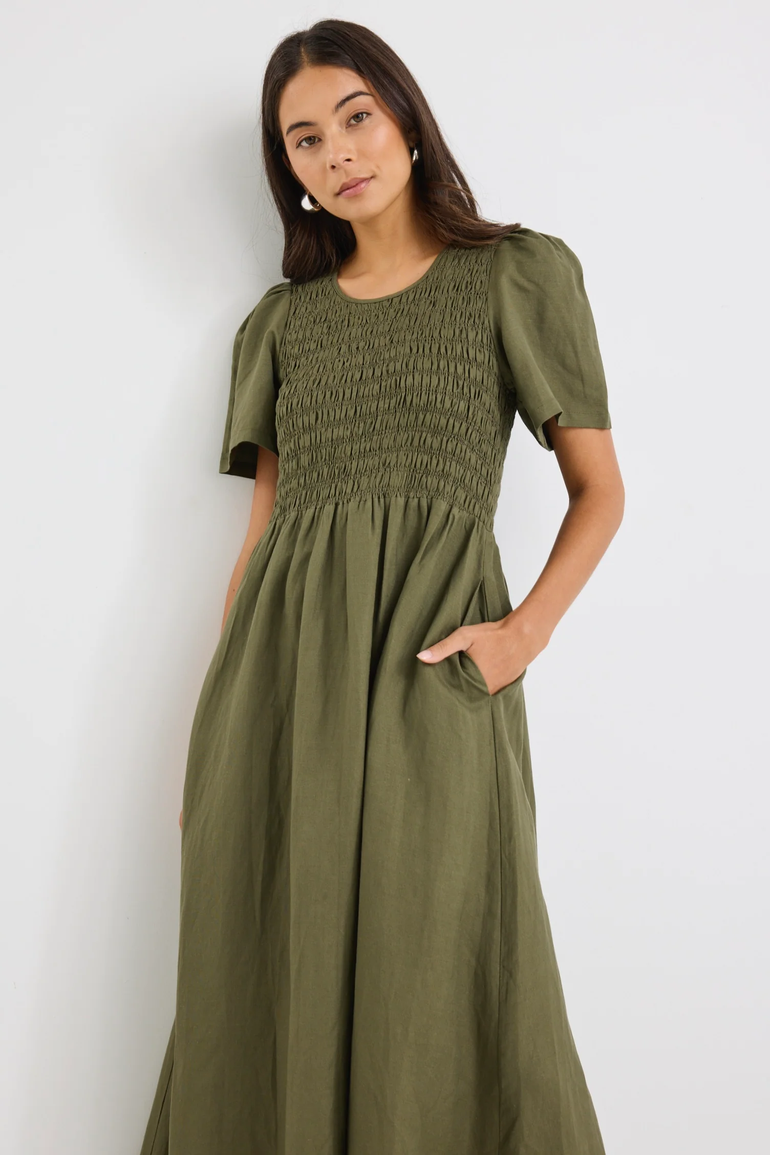 Wren Khaki Linen Blend SS Shirred Bodice Midi Dress - Image 4