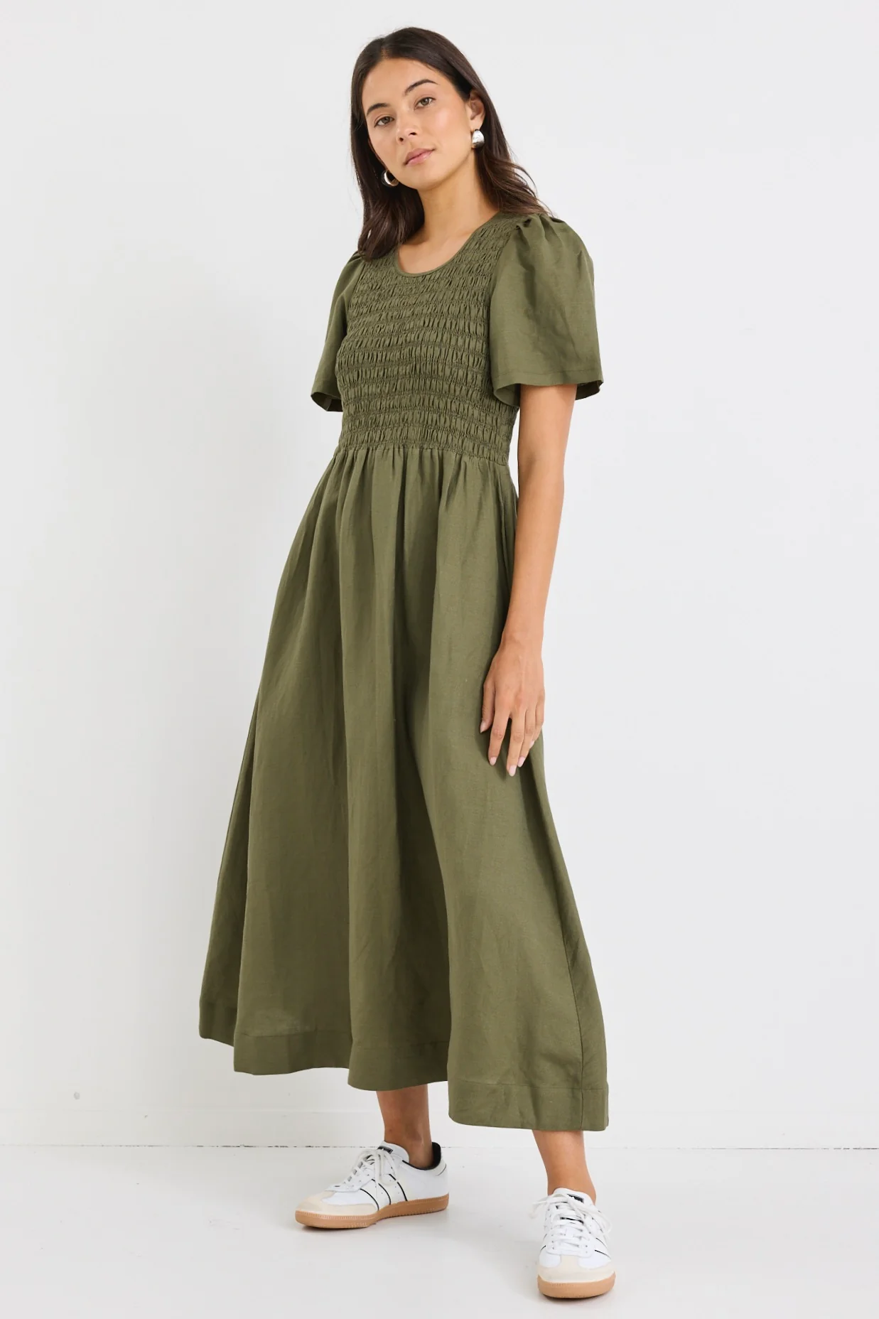 Wren Khaki Linen Blend SS Shirred Bodice Midi Dress - Image 5