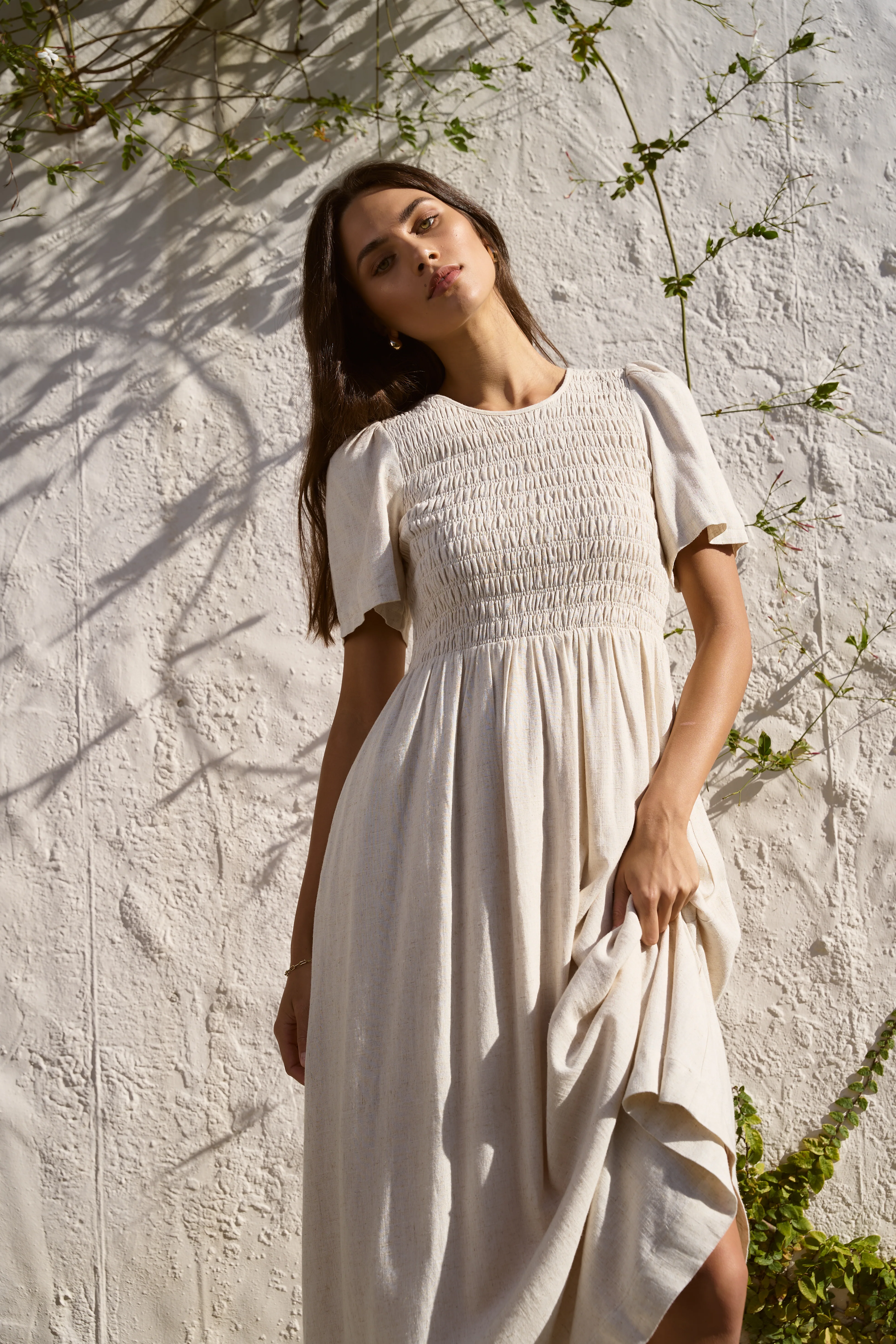 Wren Natural SS Shirred Bodice Midi Dress