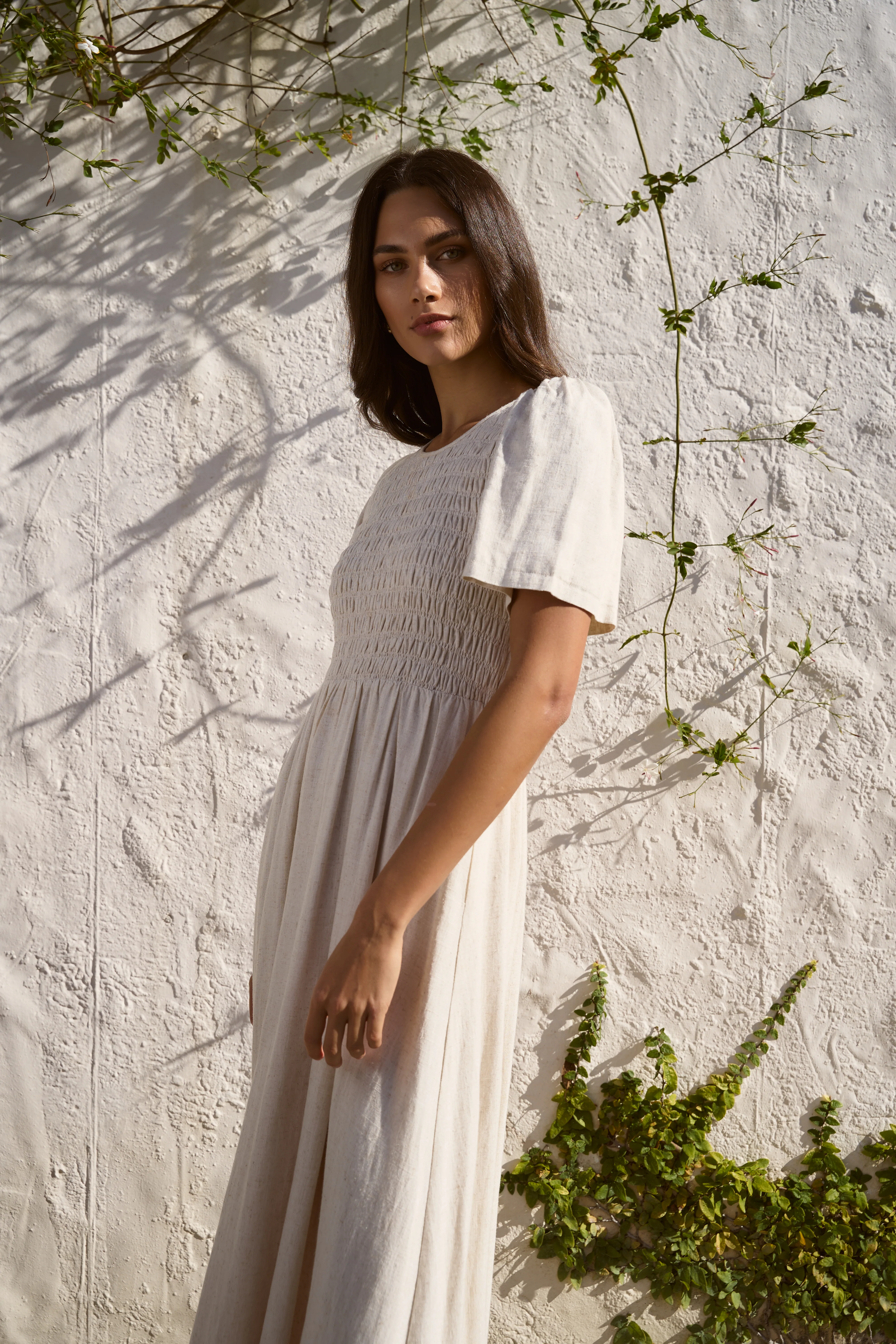 Wren Natural SS Shirred Bodice Midi Dress - Image 2