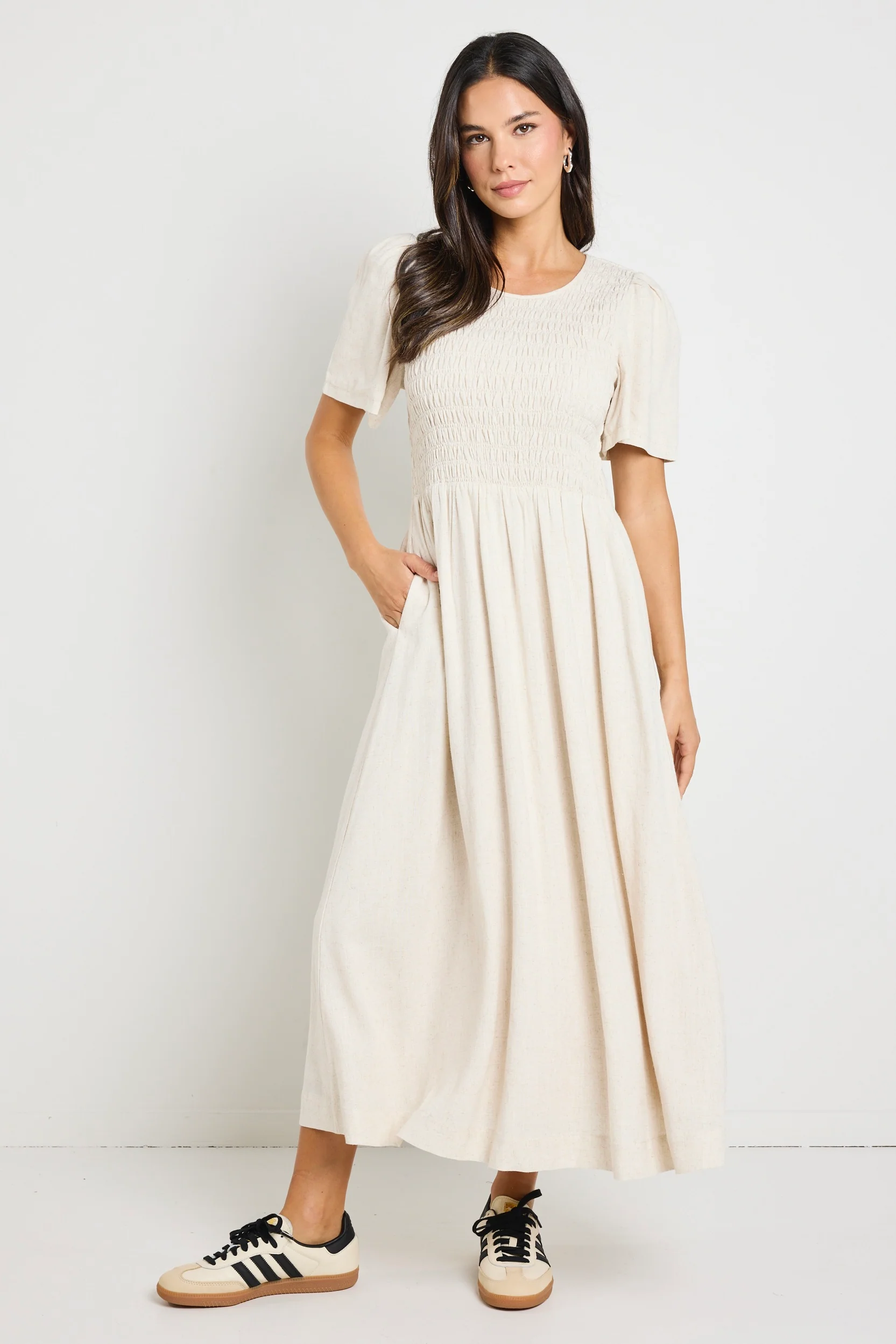 Wren Natural SS Shirred Bodice Midi Dress - Image 4