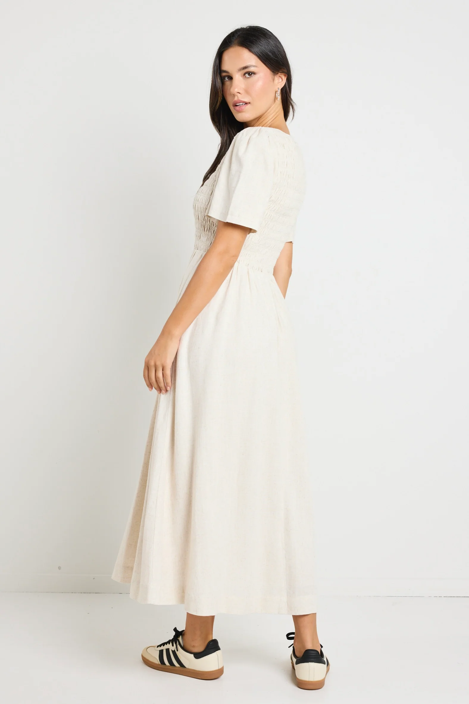 Wren Natural SS Shirred Bodice Midi Dress - Image 6