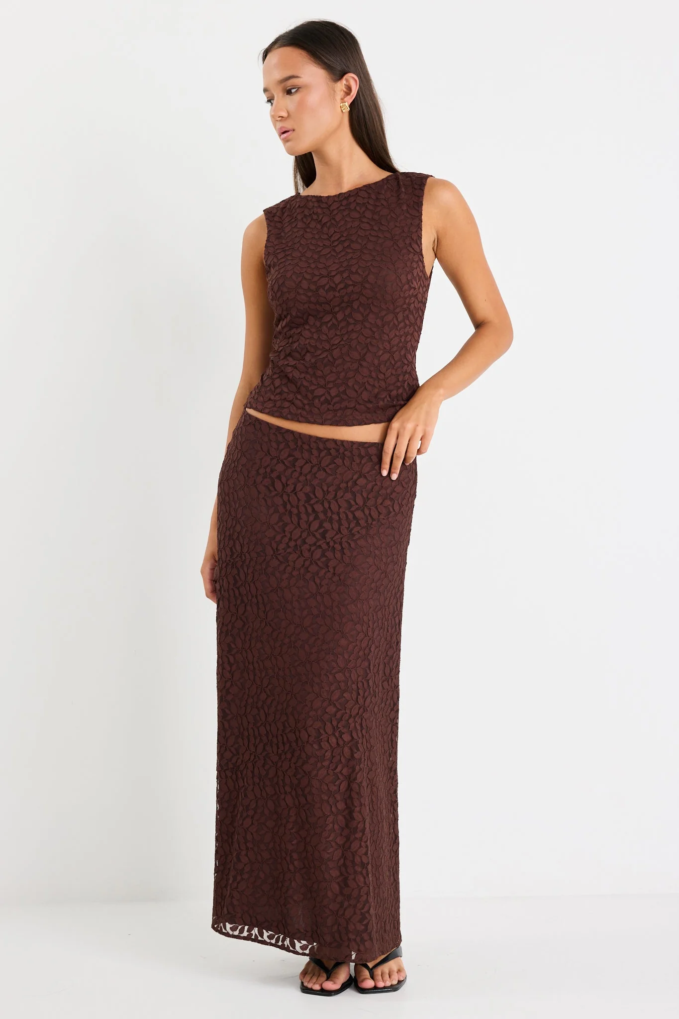 Zeus Chocolate Lace Bias Maxi Skirt - Image 3