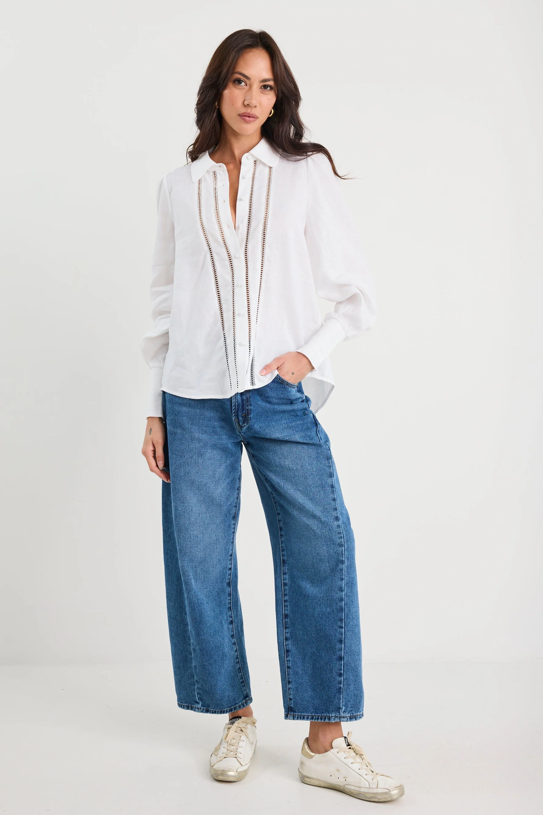 Zinnia White Ramie Lace Trim Long Sleeve Shirt - Image 2