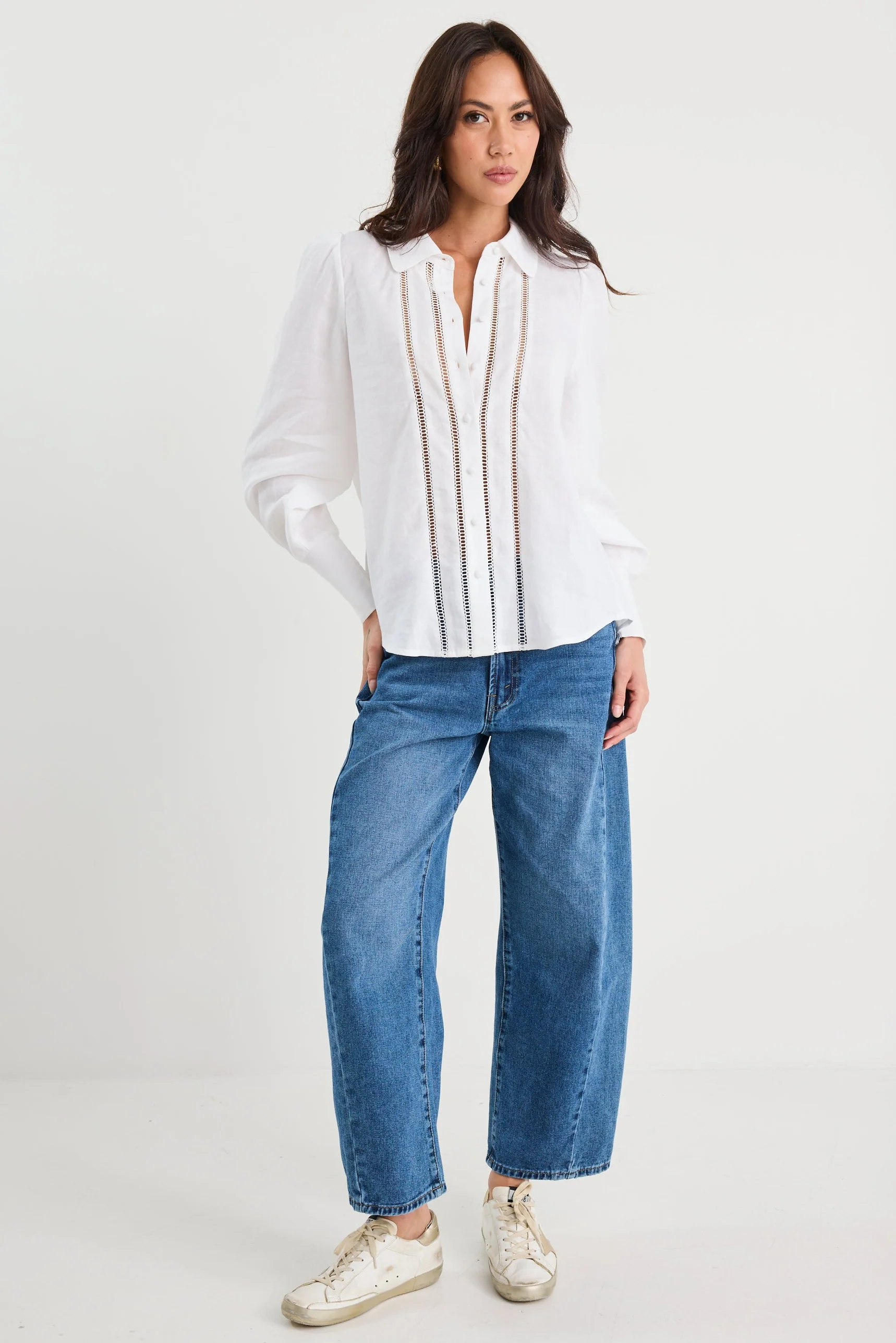 Zinnia White Ramie Lace Trim Long Sleeve Shirt - Image 4