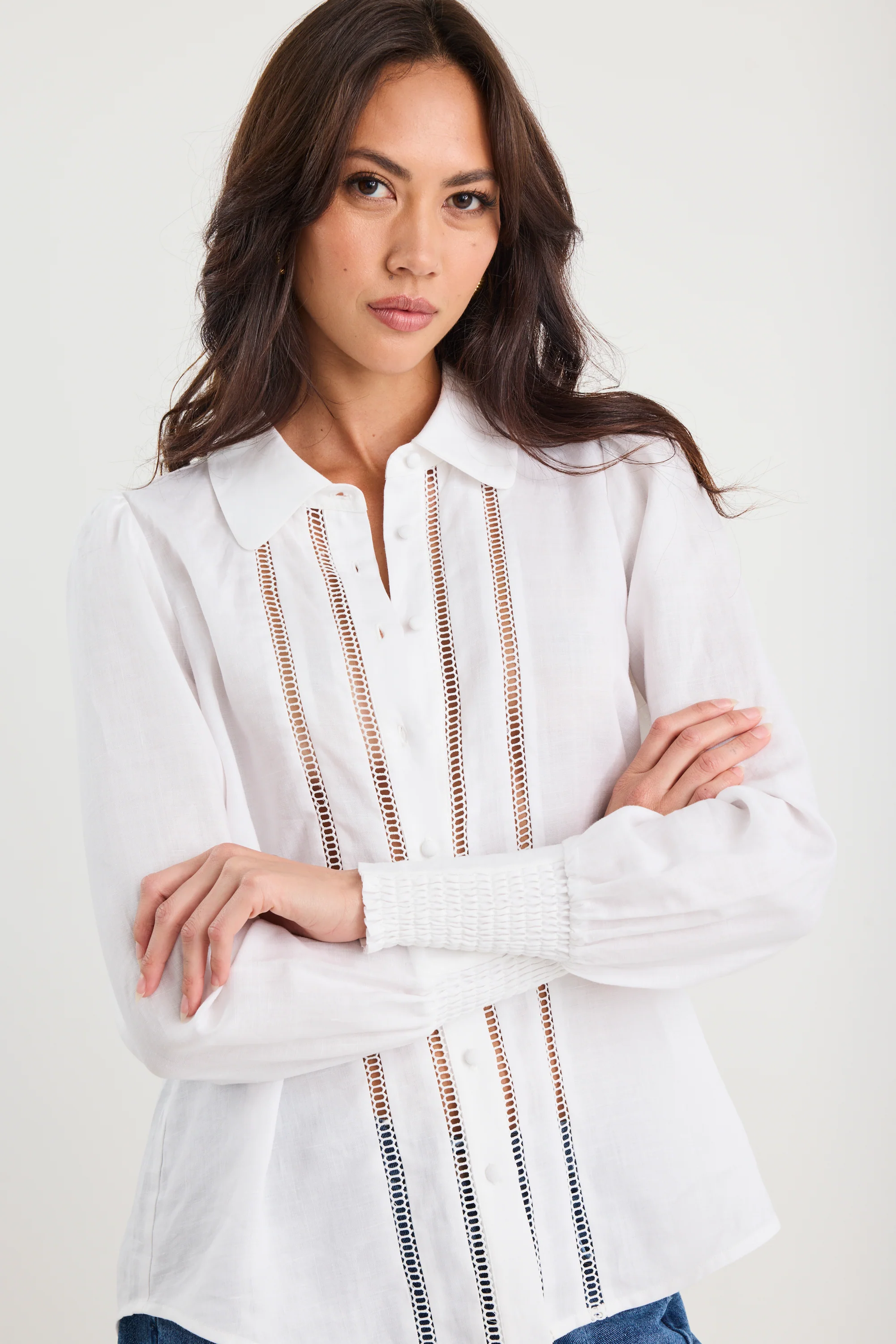 Zinnia White Ramie Lace Trim Long Sleeve Shirt - Image 5