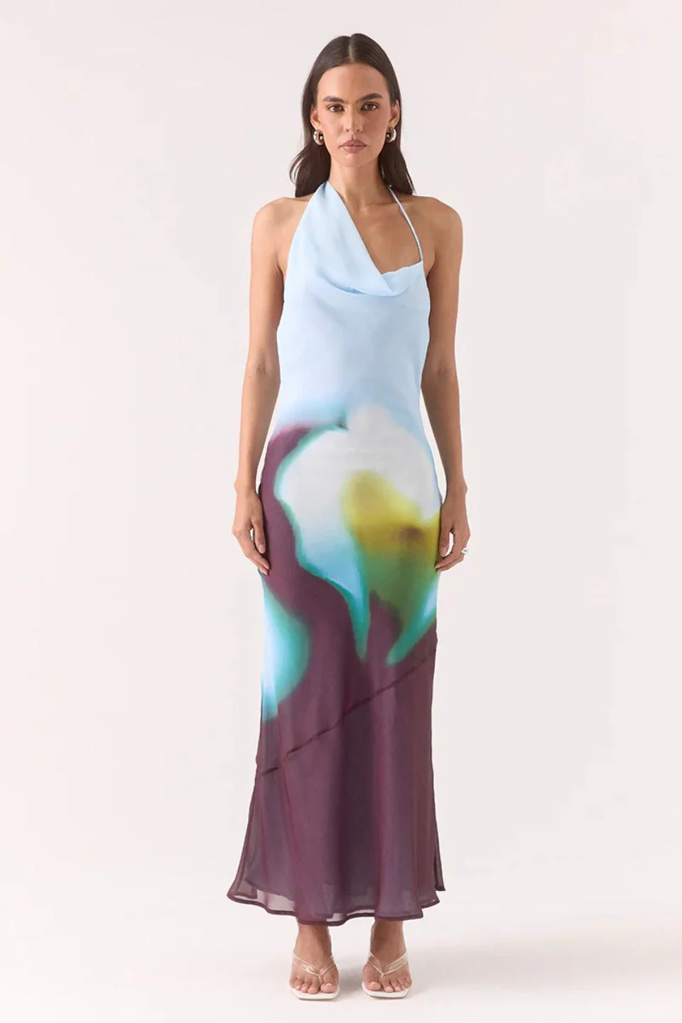 Zinnia Azure Plum Print Asymmetric Halter Maxi Dress
