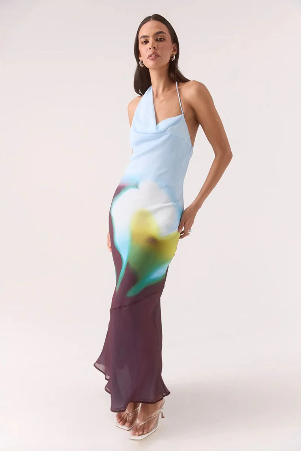 Zinnia Azure Plum Print Asymmetric Halter Maxi Dress - Image 2