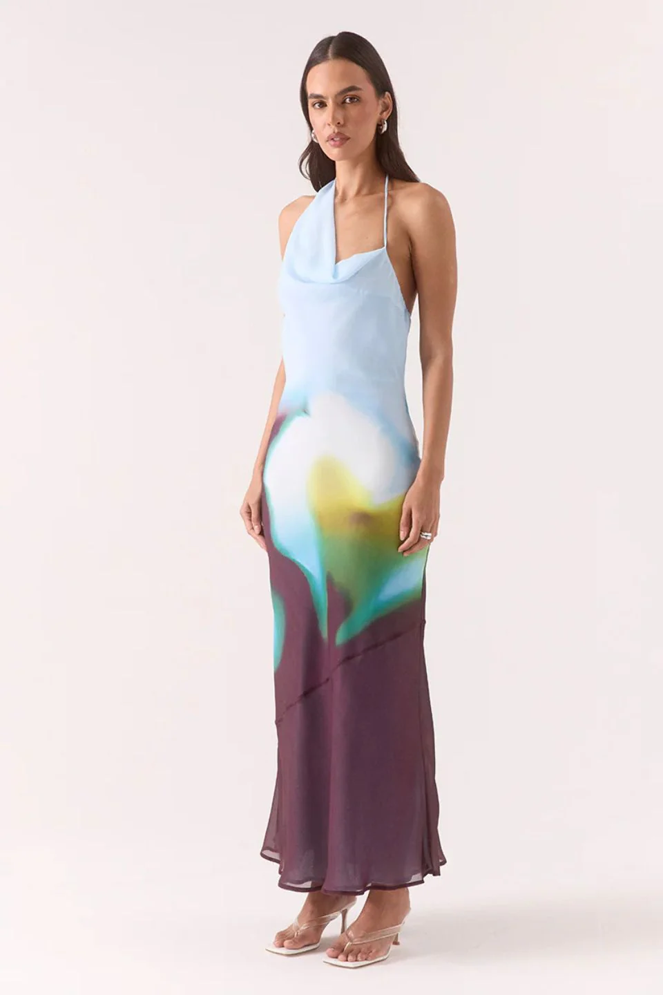 Zinnia Azure Plum Print Asymmetric Halter Maxi Dress - Image 3