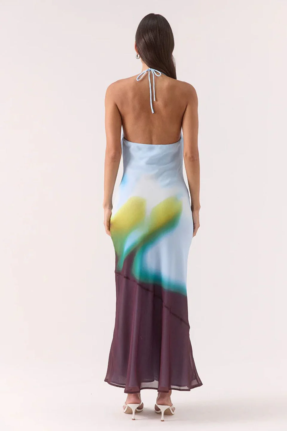 Zinnia Azure Plum Print Asymmetric Halter Maxi Dress - Image 4