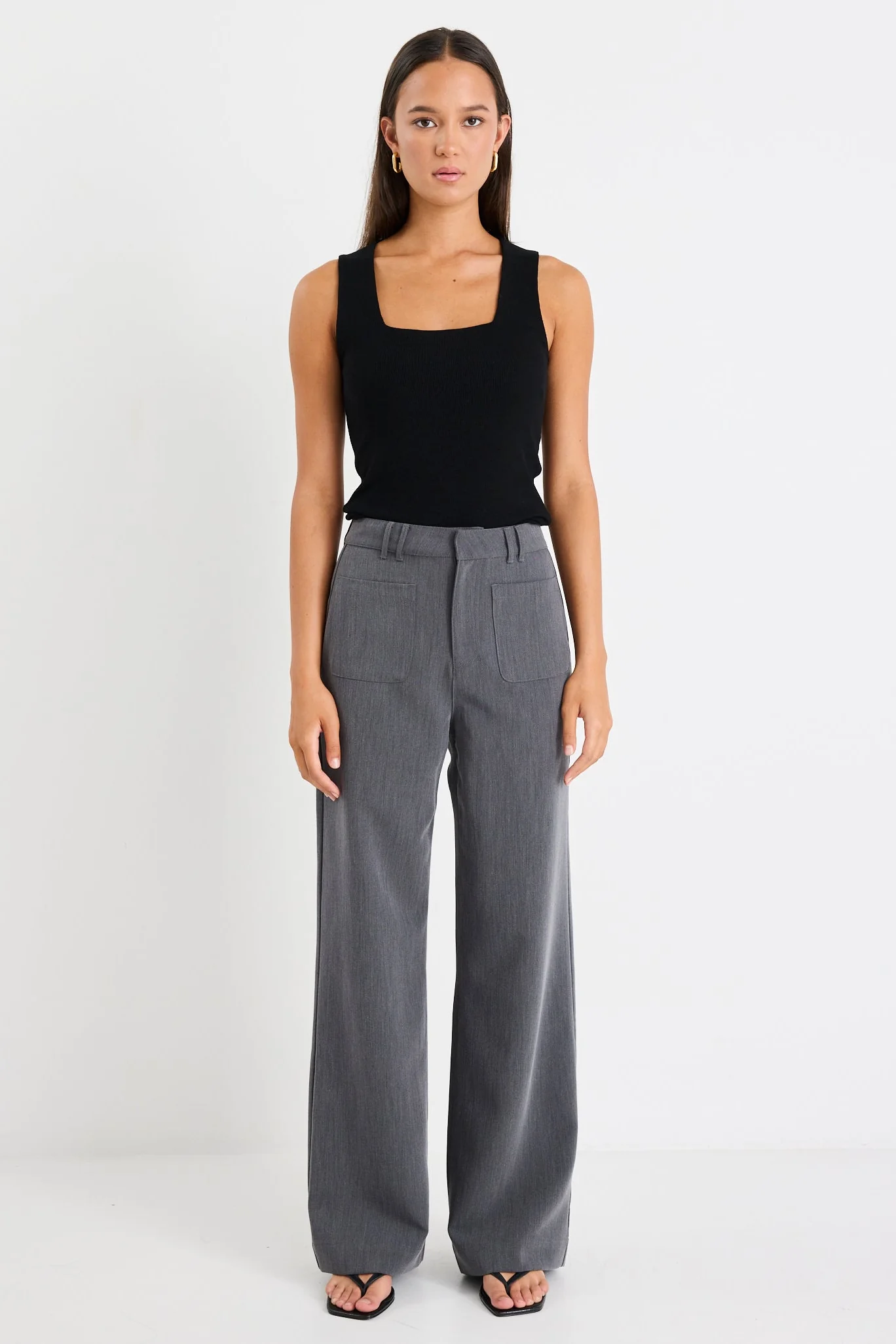 Zoey Charcoal Tailored High Rise Wide Leg Pocket Pants - Image 3